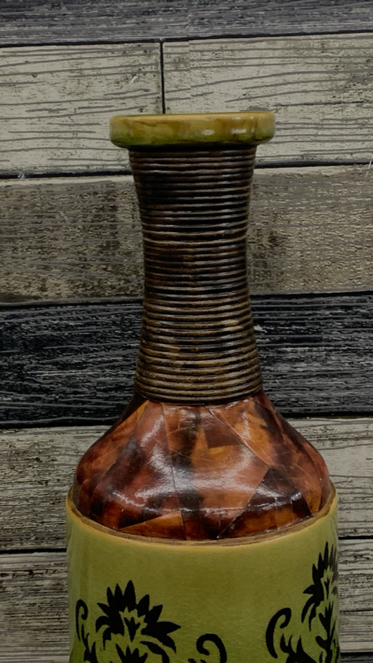 TALL GREEN/BROWN HEAVY CERAMIC VASE W/RIBBED NECK.