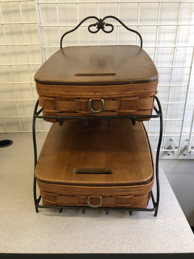 2 TIER METAL STAND W/ 2 DARK BASKETS W/ LIDS LONGABERGER.