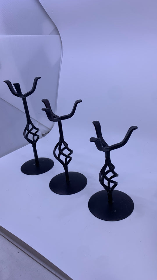 3 METAL SCROLL PILLAR CANDLE HOLDERS.