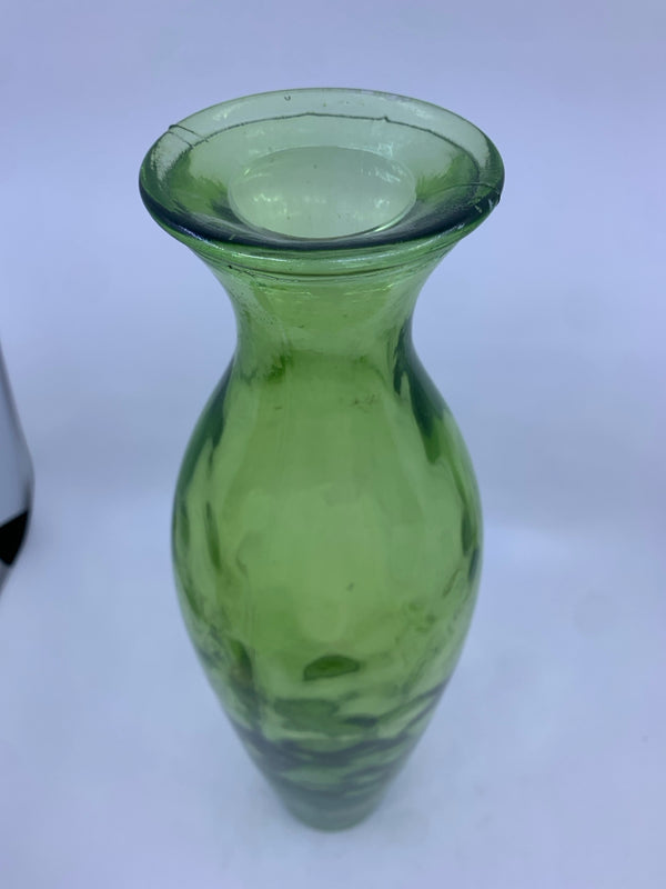 TALL GREEN GLASS VASE W/ NARROW TOP.