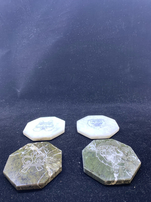 SET OF 4 HEAVY COAT OF ARMS WHITE AND GREY MARBLE COASTERS.