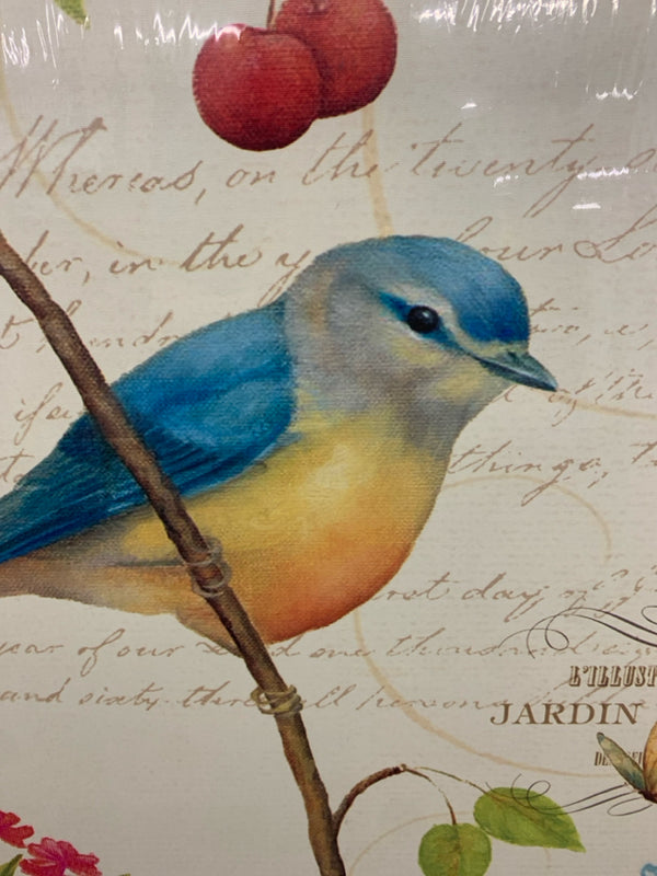 ORANGE AND BLUE HEADED BIRD IN BRANCH WITH BERRIES SCRIPT CANVAS.