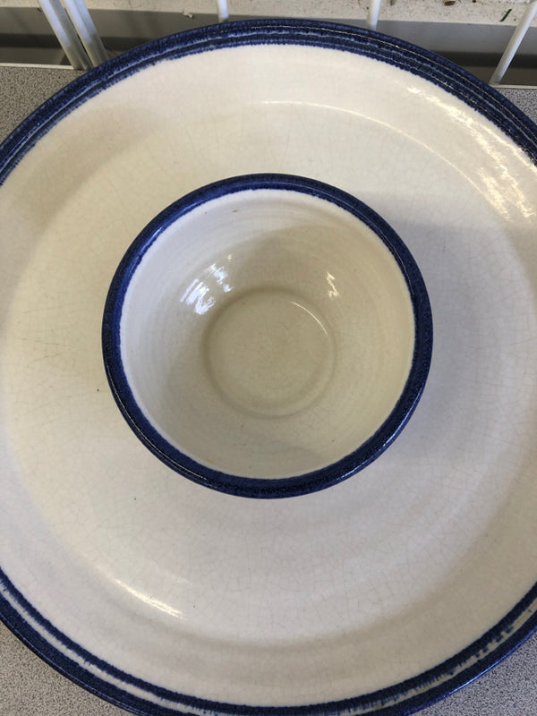 BLUE AND WHITE CHIP AND DIP POTTERY BOWL PLATE.
