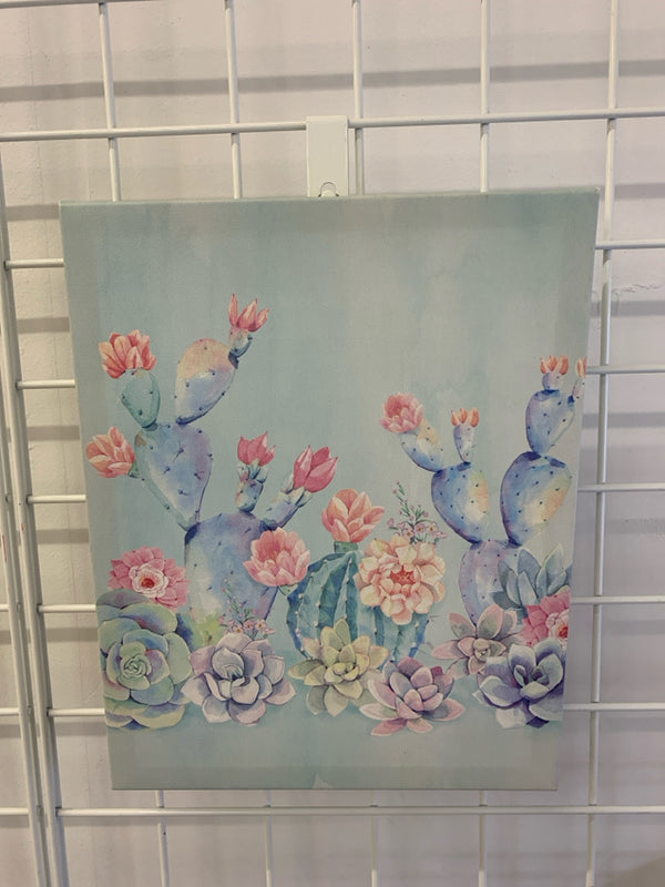 LIGHT BLUE FLORAL CACTUS CANVAS WALL HANGING.