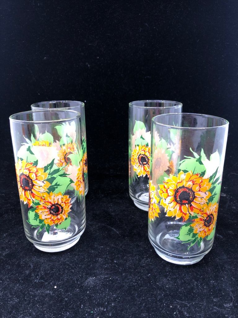 4 SUNFLOWER PRINTED DRINKING GLASSES.