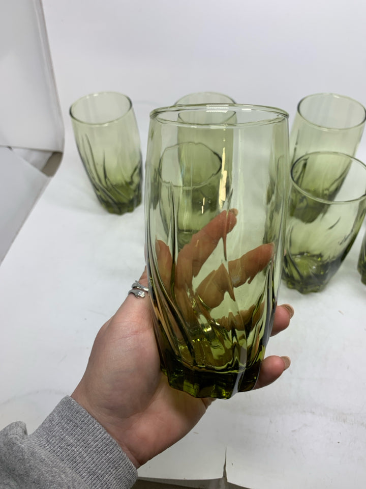 8 VTG AVOCADO GREEN SWIRL WAVE WATER GLASSES.