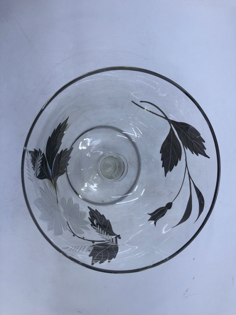 VTG FROSTED LEAF PATTERN FOOTED DISH W SILVER ACCENTS.