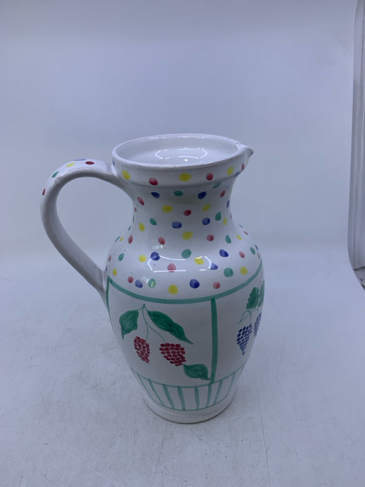 WHITE PITCHER W/ COLORED POLKA DOTS/FRUIT.