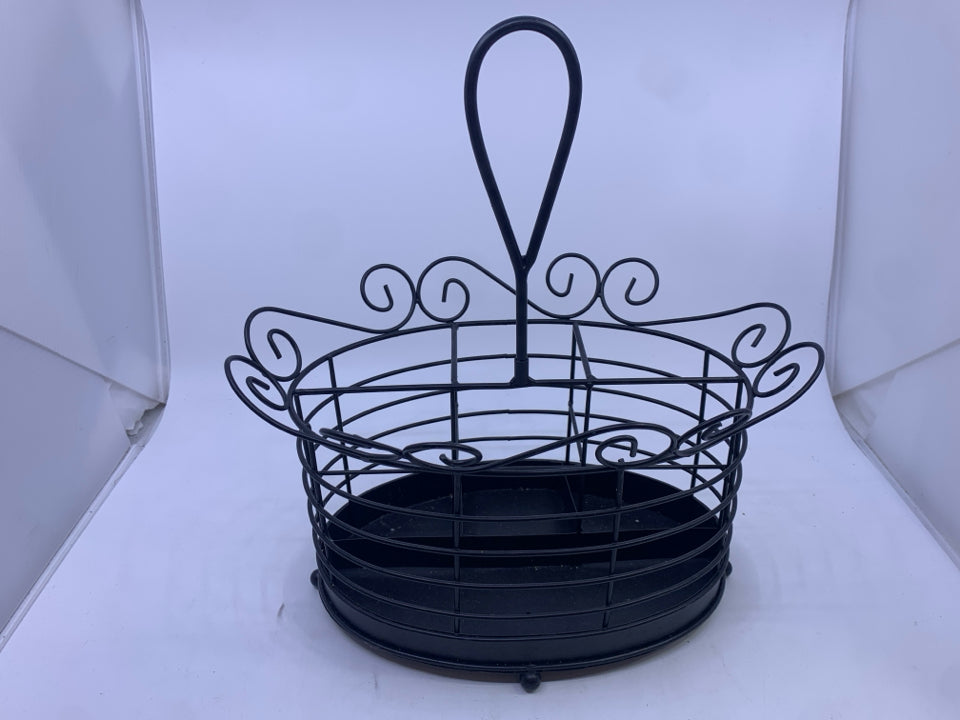 BLACK METAL DIVIDED OVAL UTENSIL HOLDER W/ HANDLE IN CENTER.