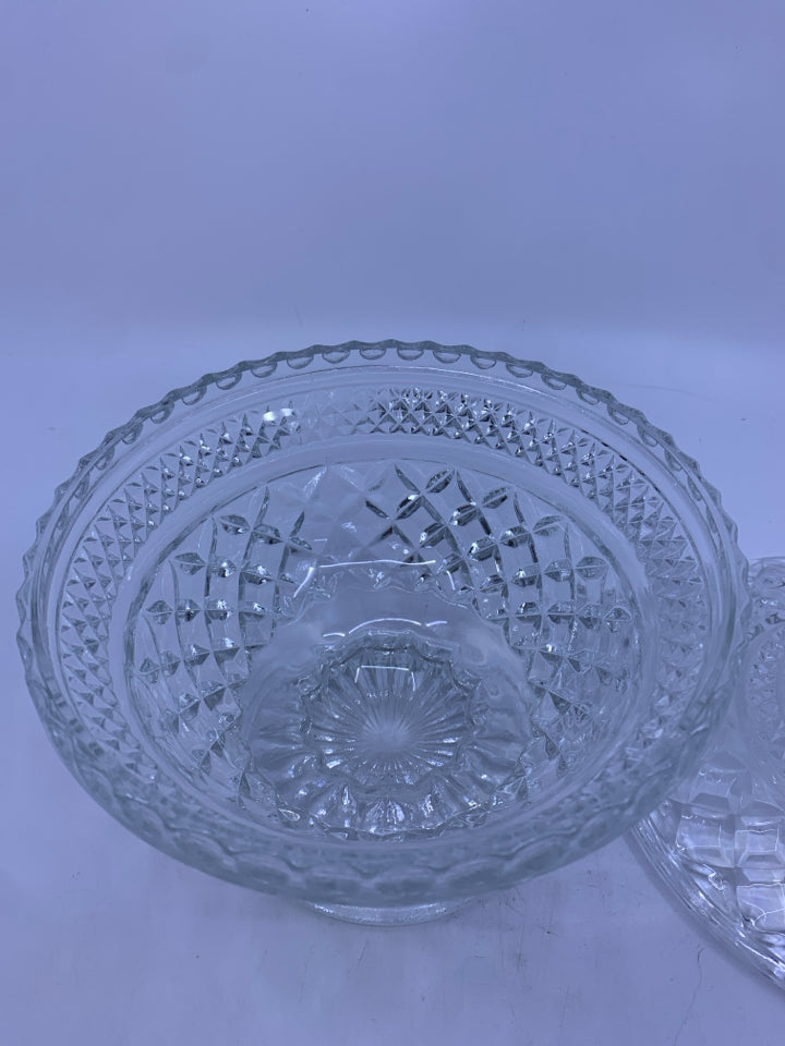 LARGE CUT GLASS FOOTED COVERED CANDY BOWL.
