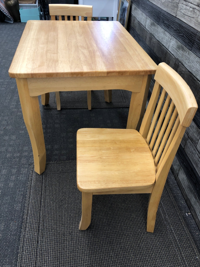 BLONDE WOOD KIDS TABLE W/2 CHAIRS.