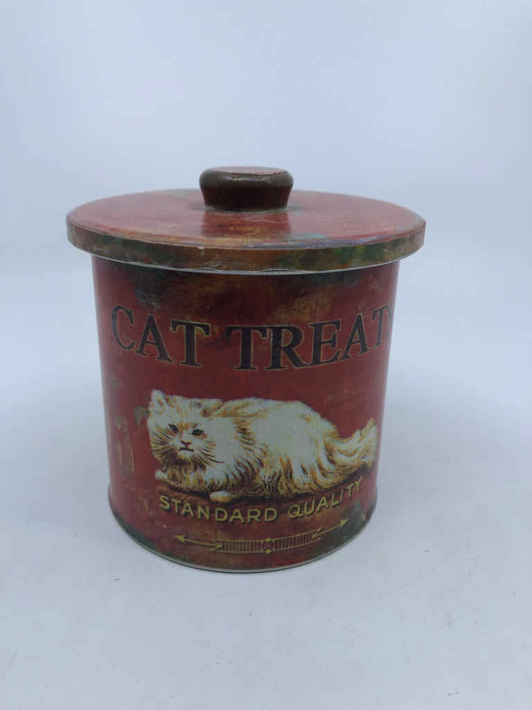 PRIMITIVE TIN RED W/ WHITE CAT TREAT CANISTER.