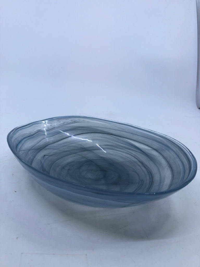 BLUE SWIRL BLOWN GLASS BOWL.