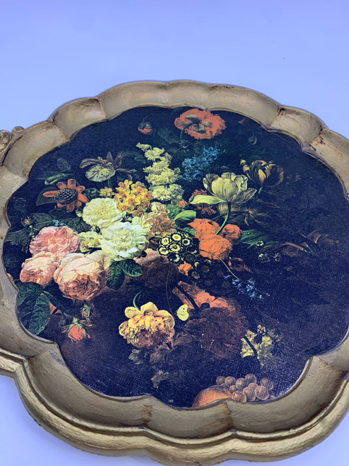 VTG GOLD WOOD ROUND TRAY SCALLOP EDGE W/ PAINTED FLOWERS DESIGN.