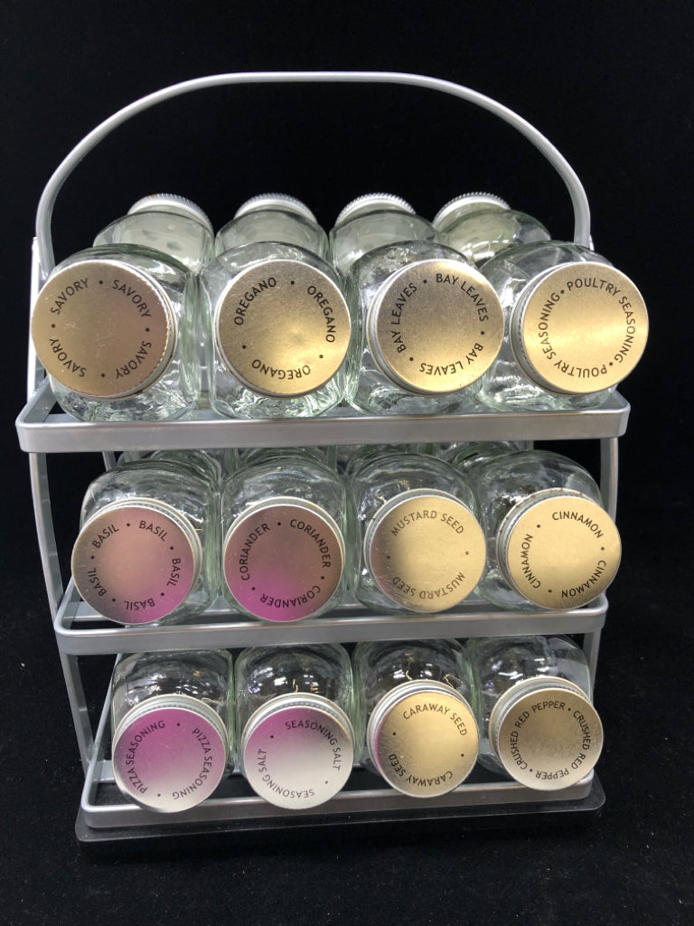 24PC GLASS SPICE JAR SET W/SPINNING RACK.