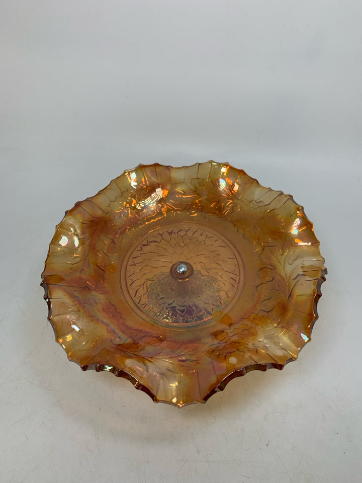 VTG CARNIVAL GLASS MARIGOLD METAL FOOTED CENTERPIECE EMBOSSED FLOWERS.