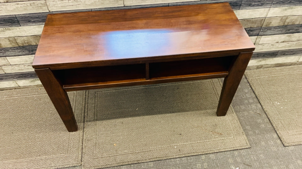 LARGE WOOD CONSOLE MEDIA TABLE.