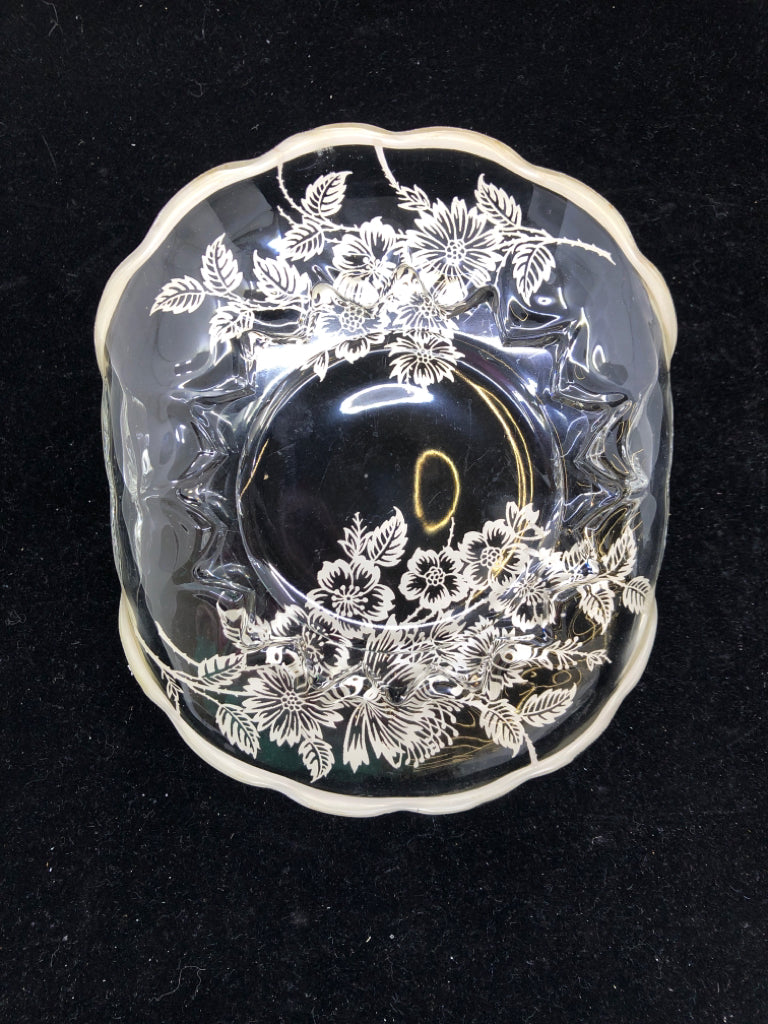 VTG CLEAR PRESSED GLASS WITH SILVER FLORAL PATTERN.