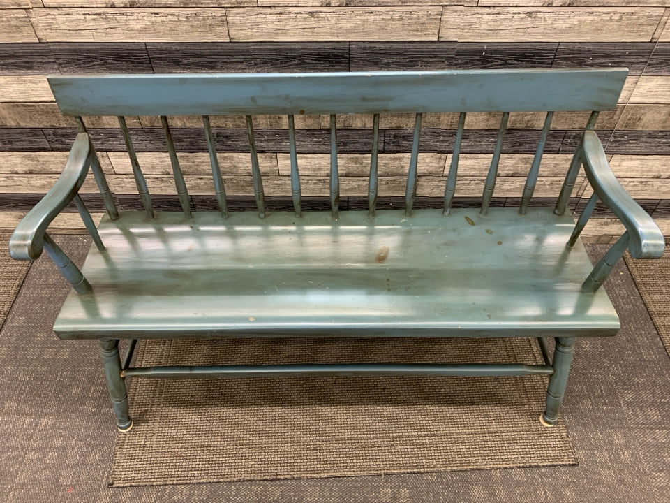 BLUE PAINTED SPINDLE BACK WOOD ENTRY BENCH.