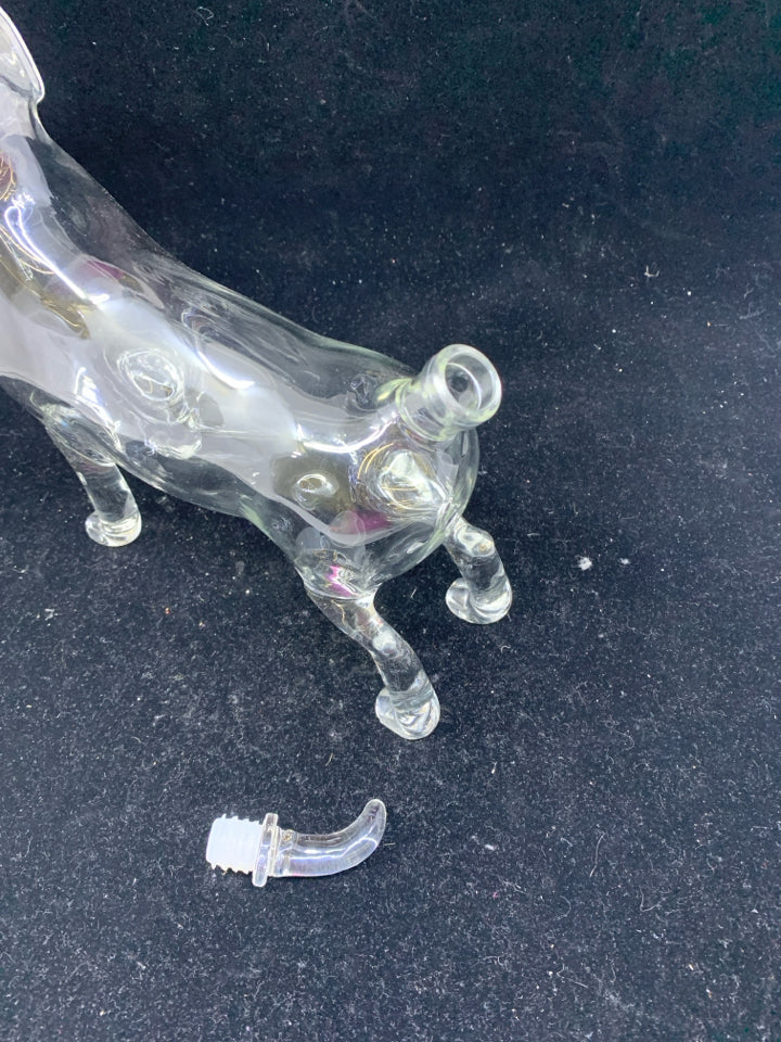 GLASS STANDING DOG DECANTER.