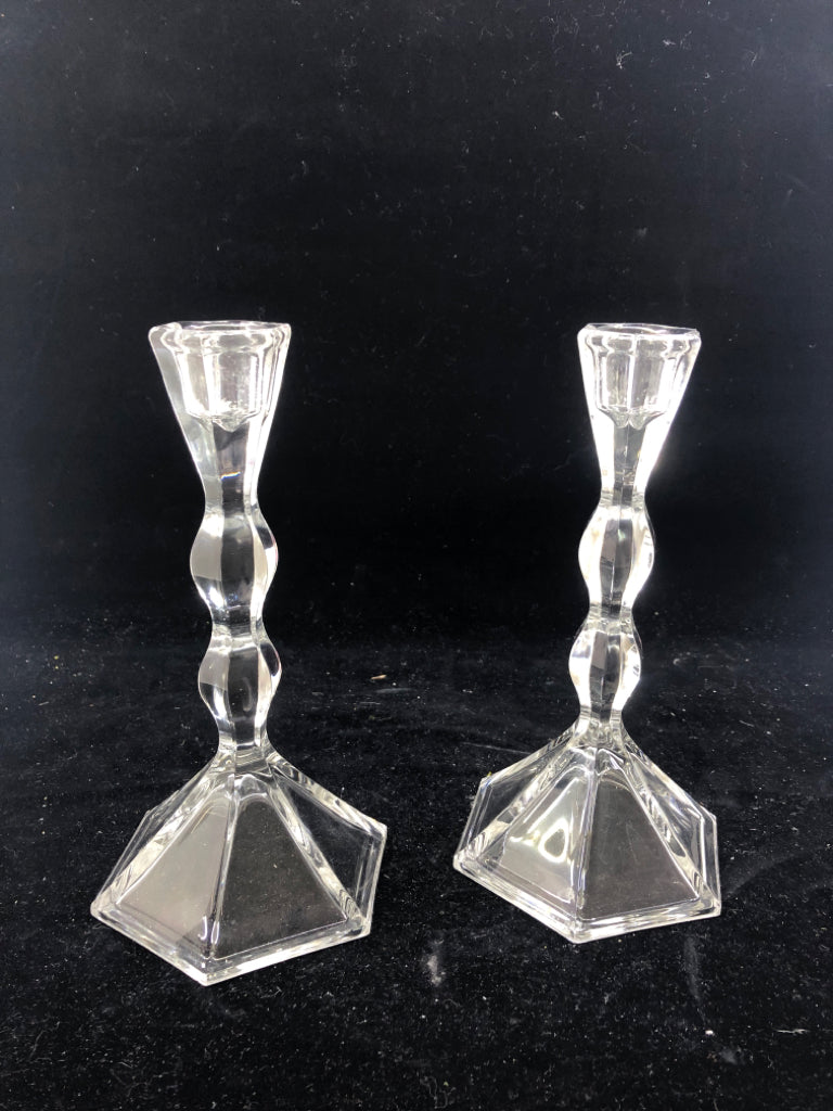 2 CRYSTAL TAPERED CANDLE HOLDERS FLARED BOTTOM.