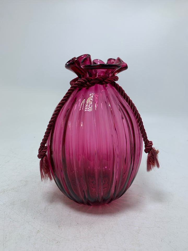 VTG CRANBERRY HAND BLOWN SACK VASE W/ CORD.