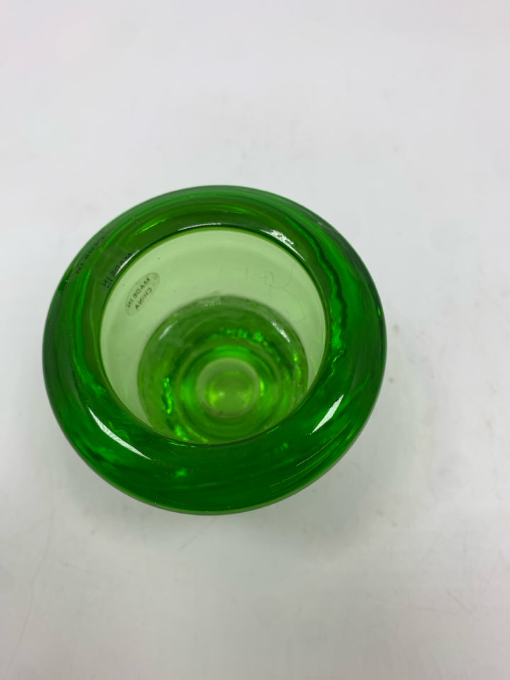 HEAVY GREEN GLASS VOTIVE/CANDLESTICK HOLDER.