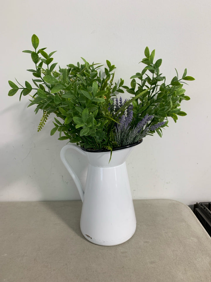 LARGE METAL WHITE PITCHER W/ FAUX GREENERY.