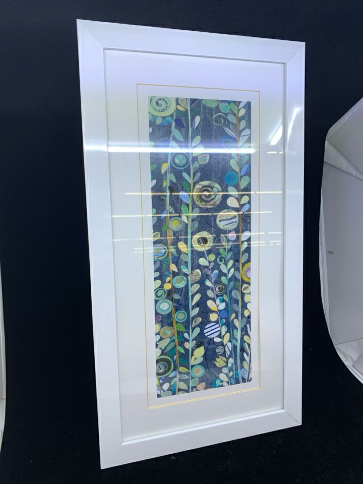 TEAL/BLUE ABSTRACT VINES AND FLORAL IN WHITE FRAME WALL ART.