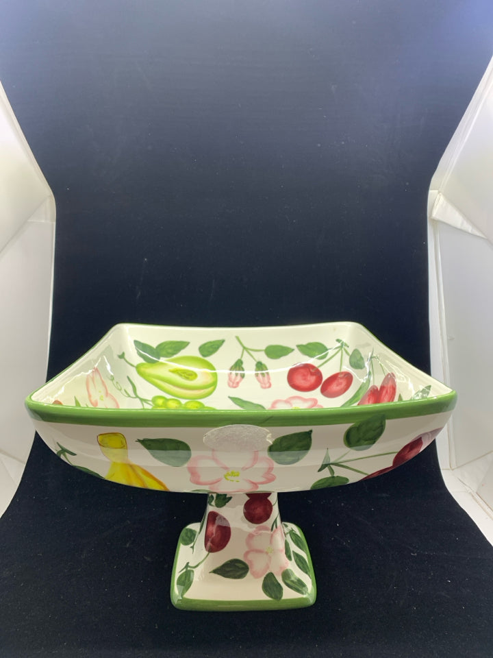 LARGE CERAMIC FOOTED SQUARE SERVING BOWL ASSORTED FRUIT DESIGN.