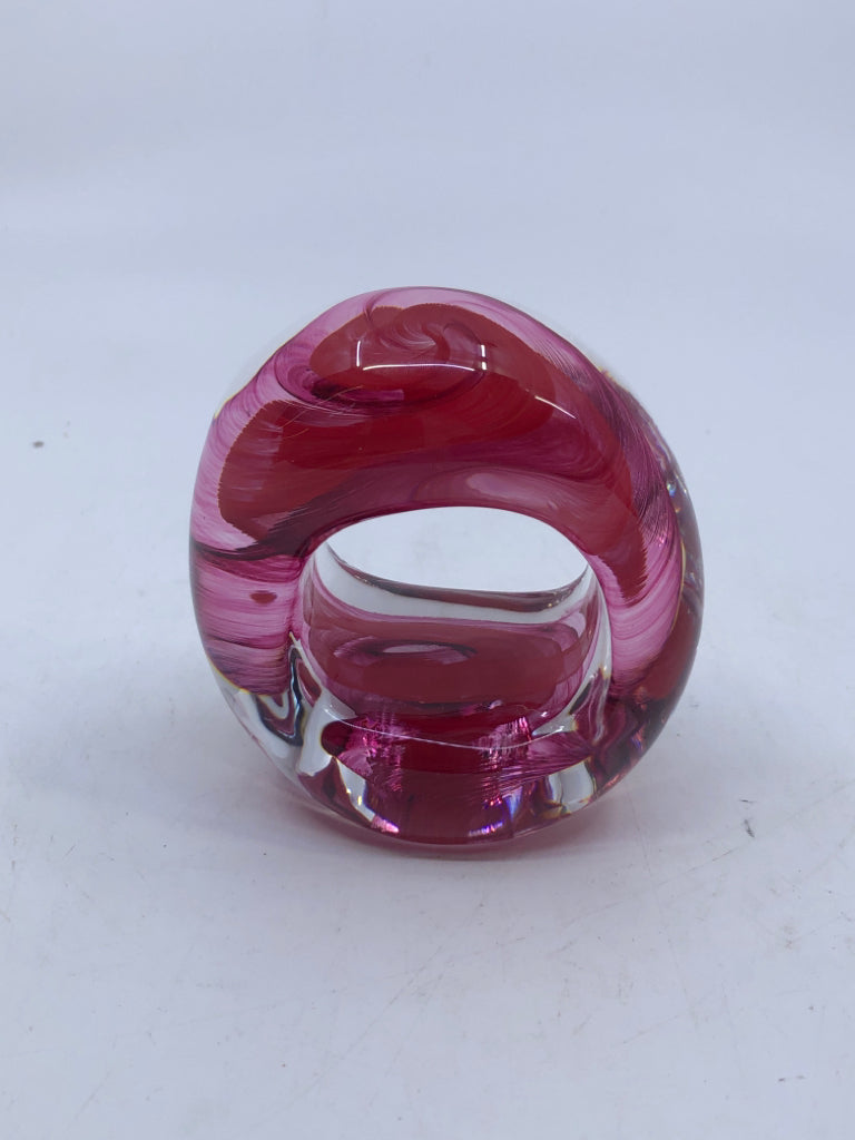 RED/ PINK GLASS PAPER WEIGHT.