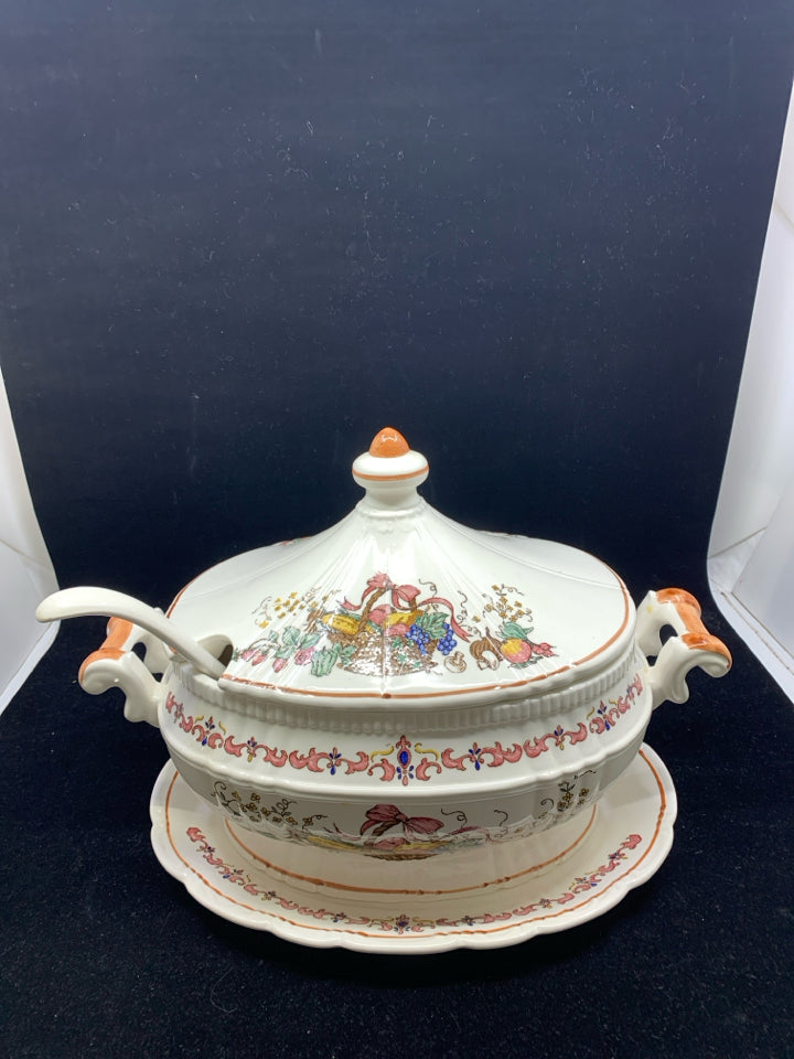 3PC WHITE FRUIT PAINTED SOUP TUREEN-PLATE, SOUP TUREEN, LADLE SPOON.