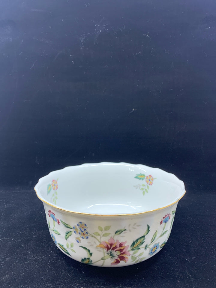 PINK AND BLUE FLORAL BOWL W WAVY RIM.