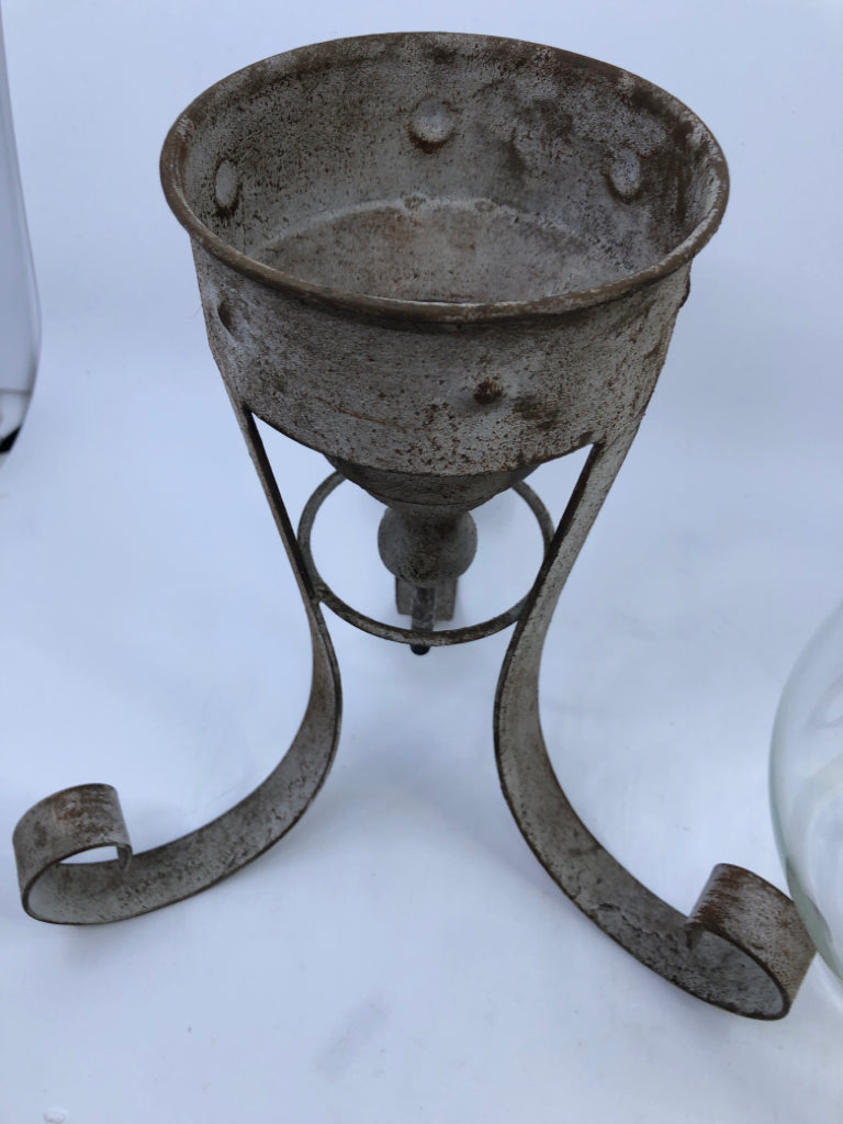 LARGE RUSTIC METAL + GLASS CANDLE HOLDER.