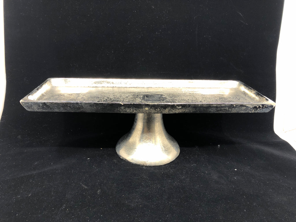 FOOTED METAL SILVER RECTANGLE TRAY.