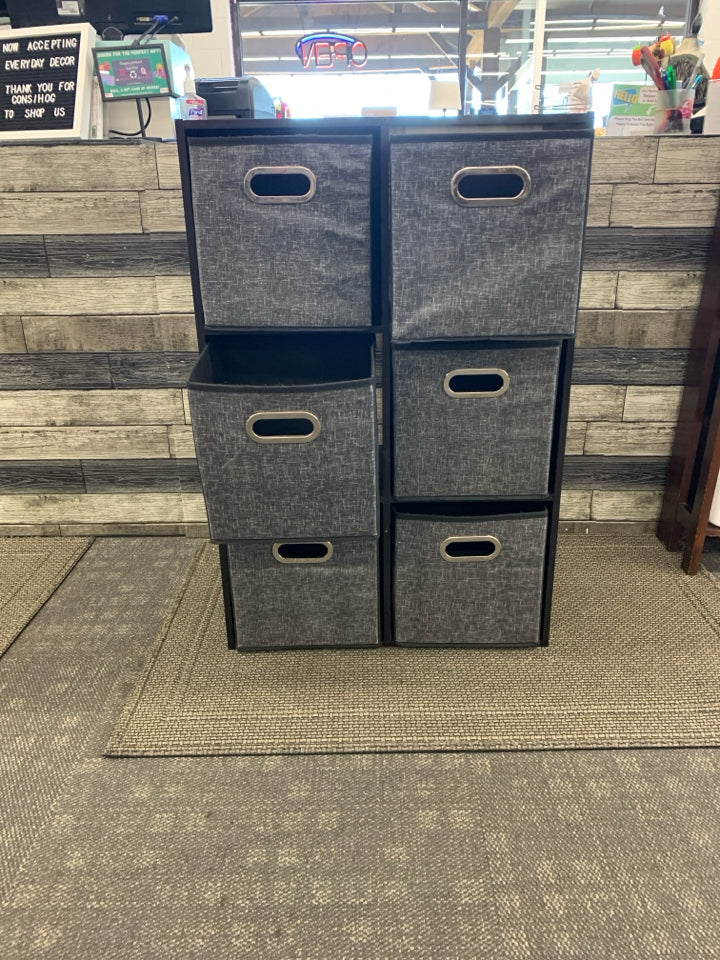 6 CUBE SHELF WITH FABRIC BINS.