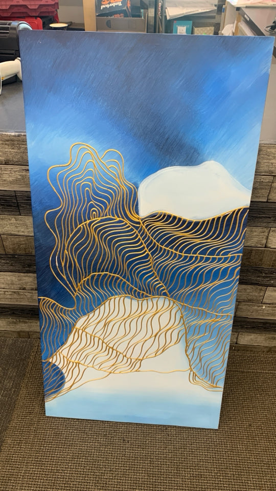 VERTICAL OMRBE BLUE/WHITE ABSTRACT CANVAS W/GOLD DESIGNS.