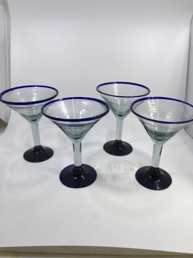 4PC BLUE RIM MARGARITA GLASSES.