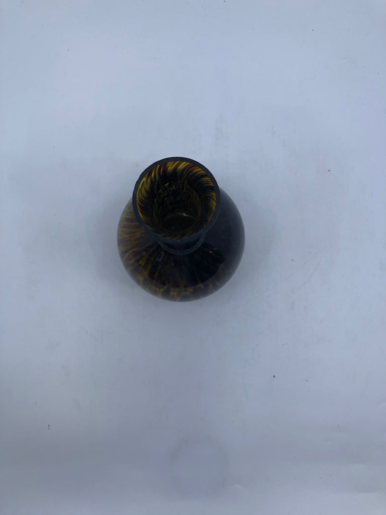 BROWN ROUND BOTTOM BLOWN GLASS SKINNY NECK VASE.