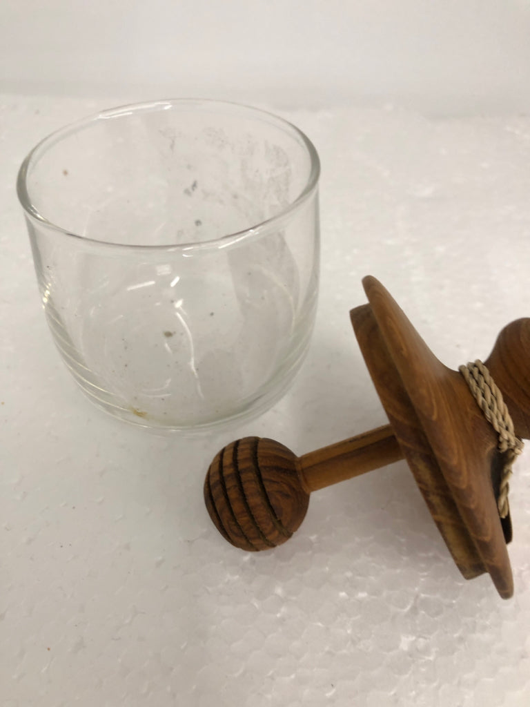 MINI GLASS HONEY STORAGE W/ WOOD TOP/HONEY STICK.