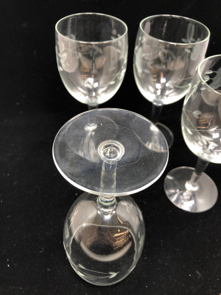 4 FLOWER ETCHED HERITAGE WINE GLASSES.