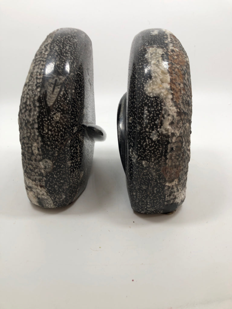 2 HEAVY CARVED STONE BOOK ENDS.