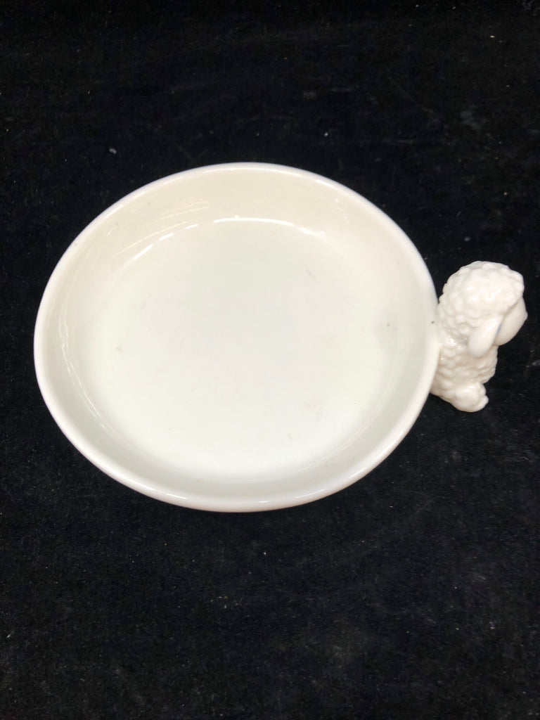 WHITE CATCH-ALL DISH W/BABY LAMB BLUE EARS.