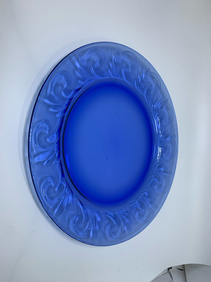 COBALT BLUE GLASS PLATTER W/ EMBOSSED SWIRL EDGE.