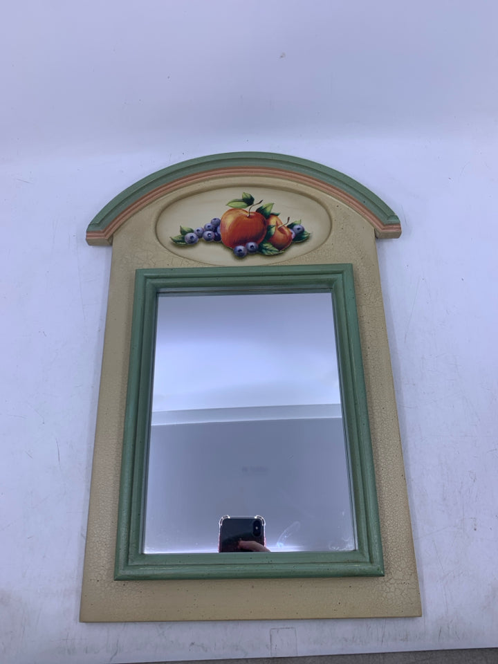 ARCHED TAN FRAME W/ FRUIT GREEN BORDERED MIRROR.