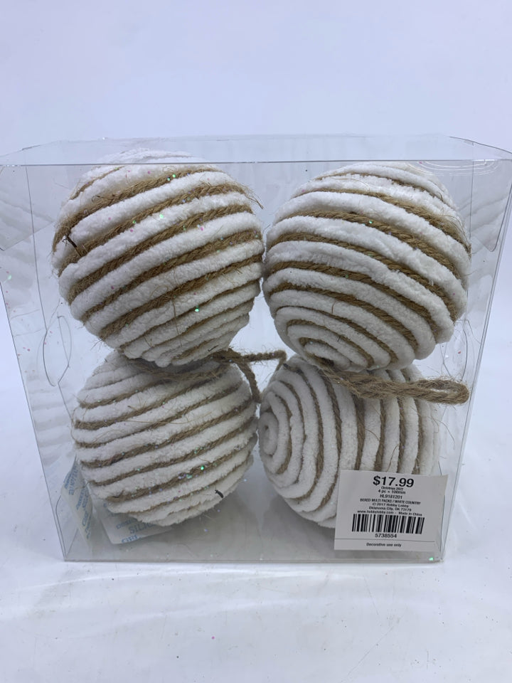NIB 4 WHITE & TWINE GLITTER BALL ORNAMENTS.