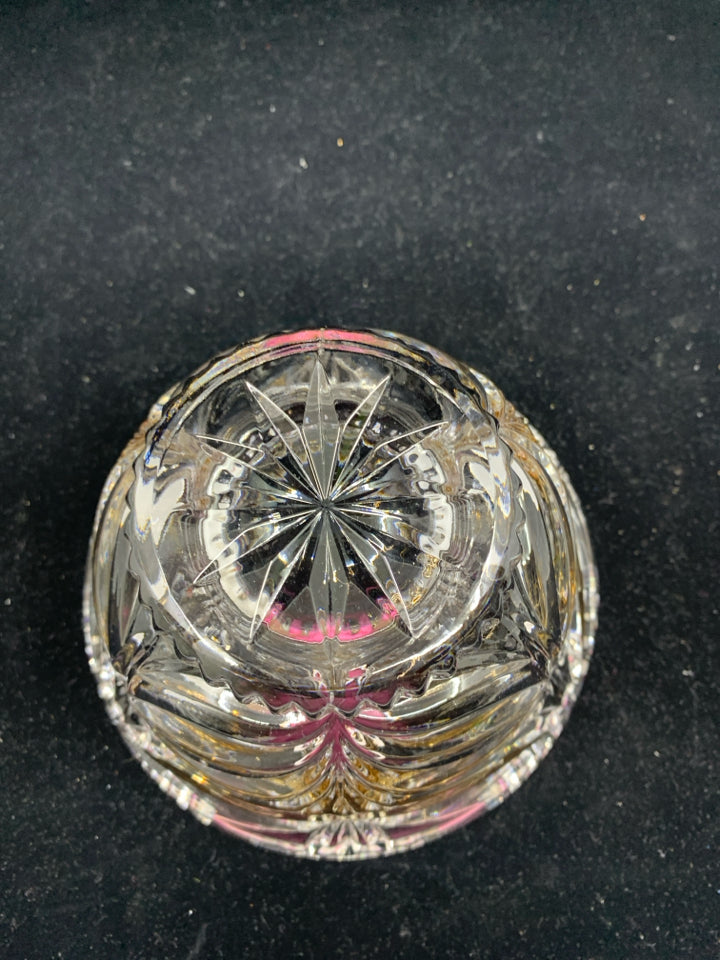 SMALL CUT GLASS CANDY DISH W GOLD ACCENTS.