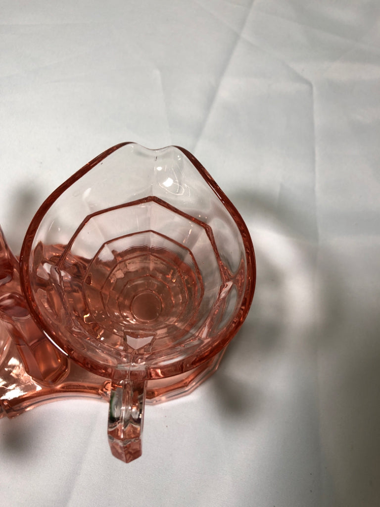 3PC VTG PINK DEPRESSION GLASS SUGAR AND CREAMER SET W STAND.
