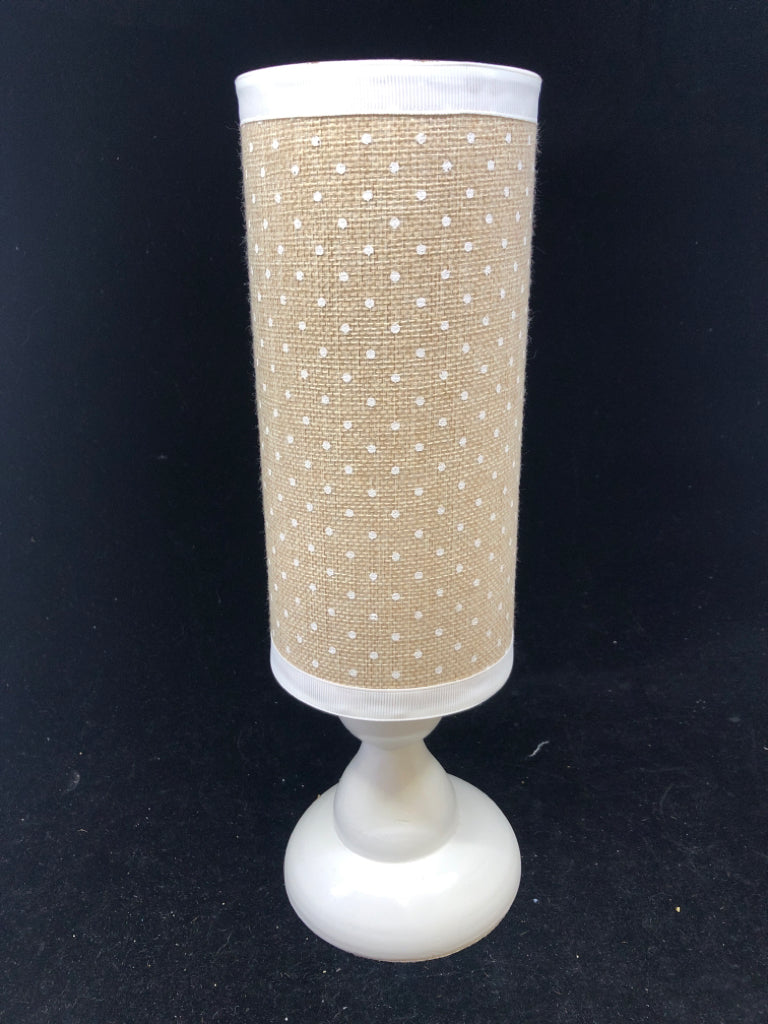 WHITE PILLAR HEADBAND STAND W/ TAN WHITE POLKA DOTS FABRIC.