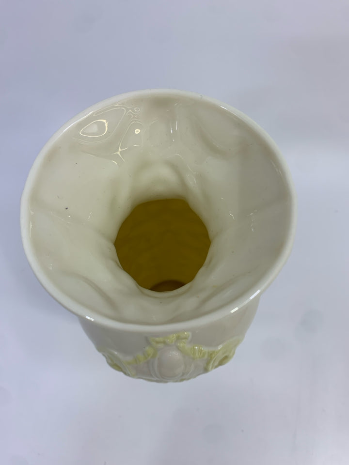 VTG YELLOW PORCELAIN VASE RAISED DESIGN-BELLEEK.